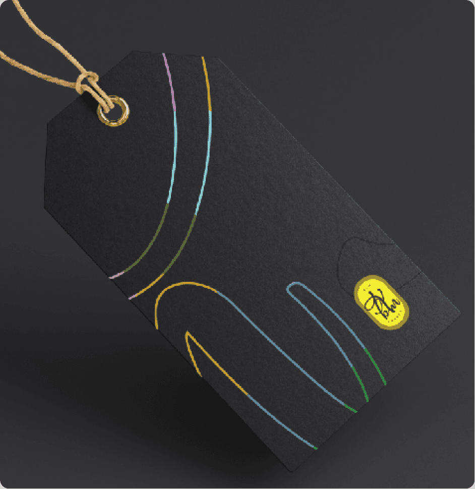 Black swing tag with multicolour line art and a yellow logo badge